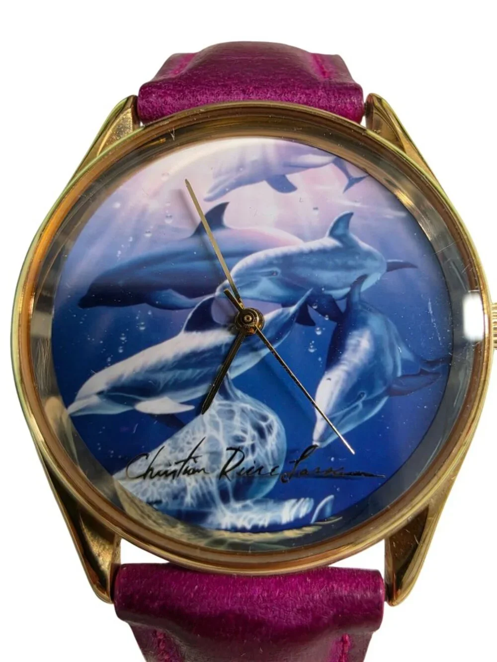 Vintage Christian Riese Lassen Dolphin Watch Pink Leather Band Original Box